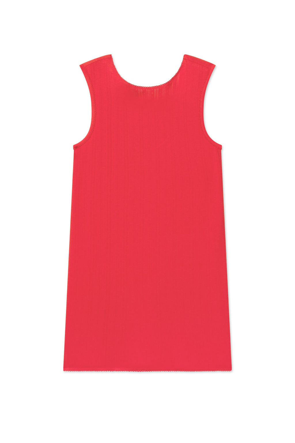 Red pointelle tank gown with scoop neckline and sleeveless cut.