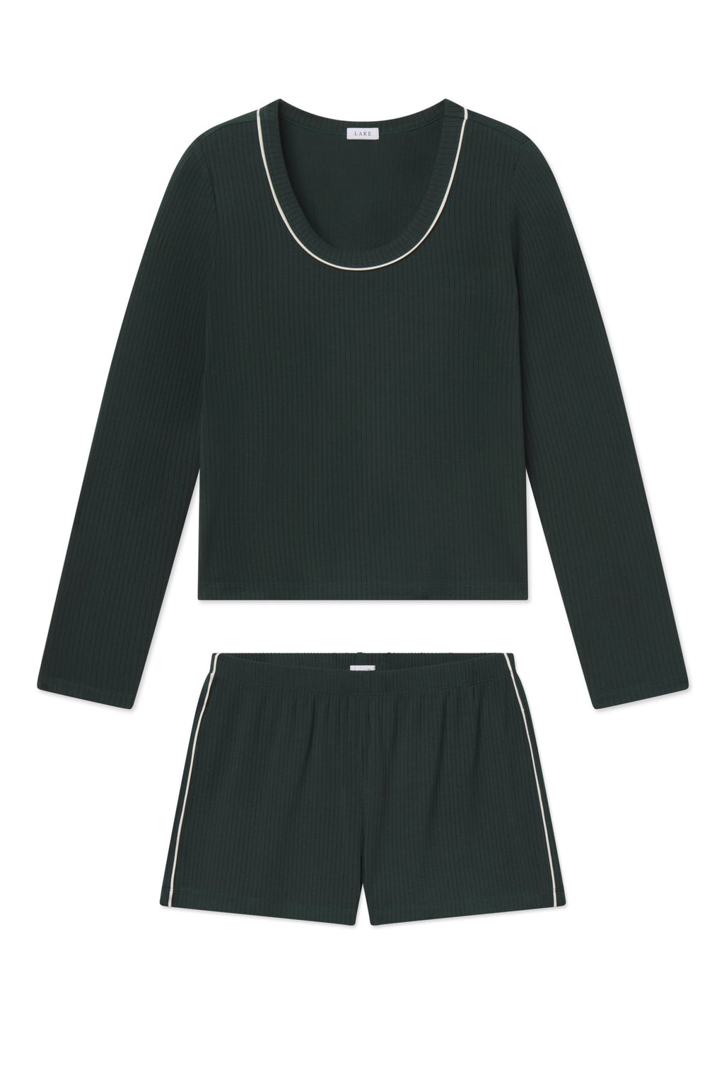 Dark green ribbed long-sleeve top and matching shorts with white piping trim.