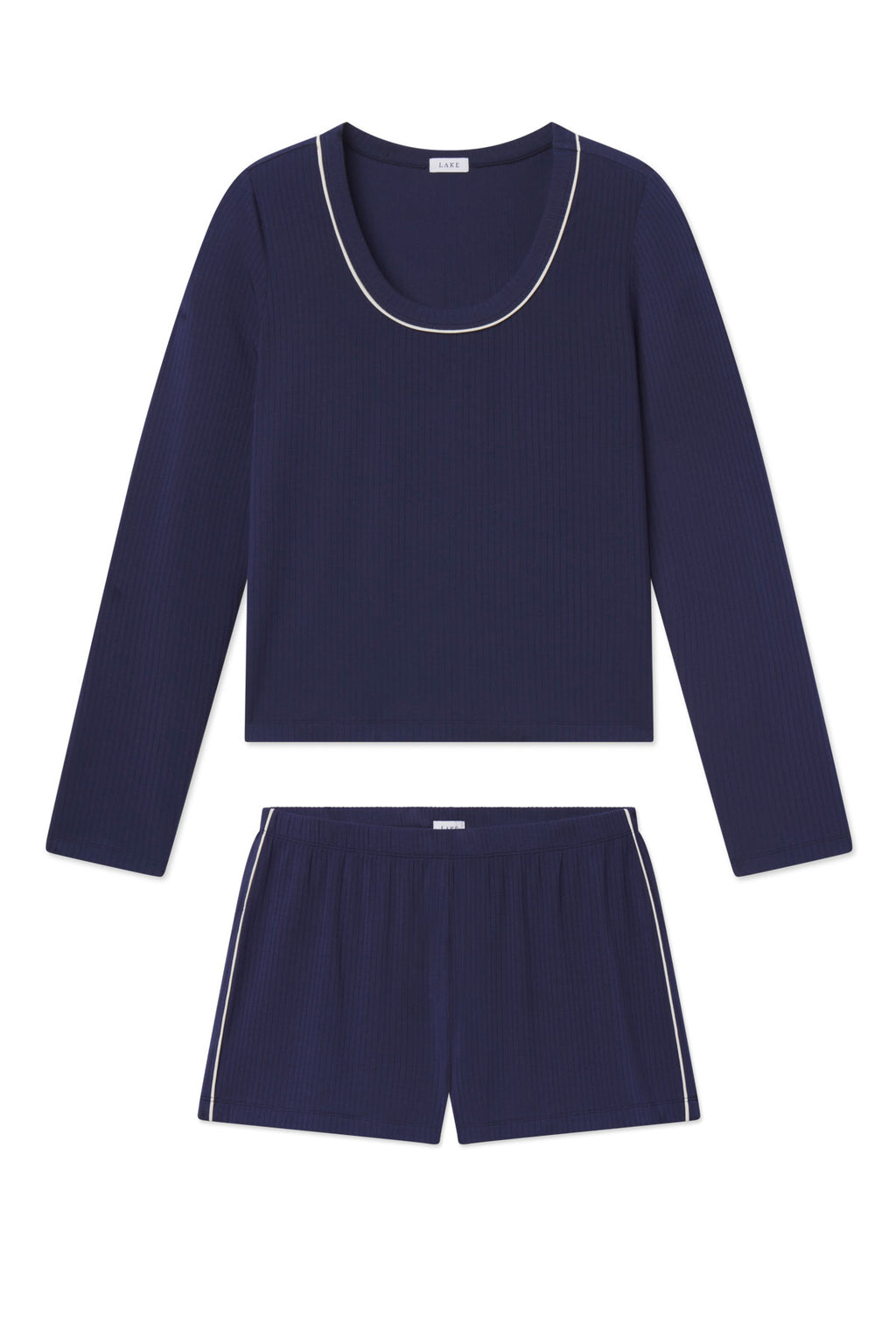 Navy ribbed long-sleeve top and shorts set with white trim piping.