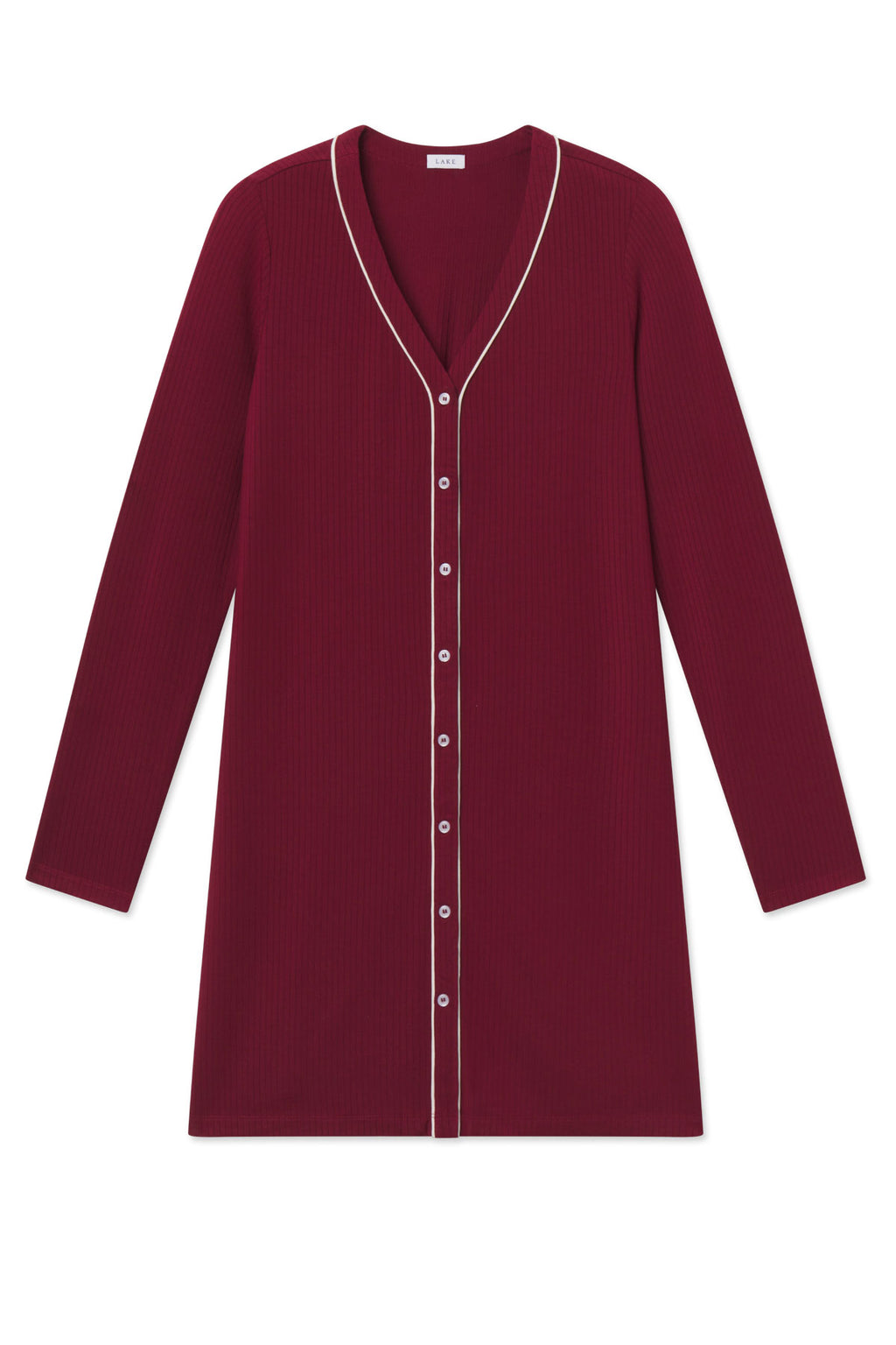 Burgundy long-sleeve nightgown with ribbed texture, V-neckline, and white button placket.