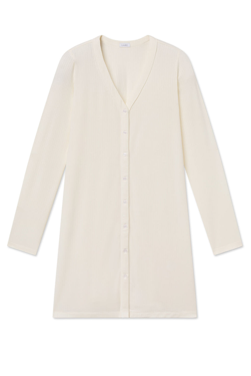 Ivory long sleeve nightgown with button front closure and V-neckline.