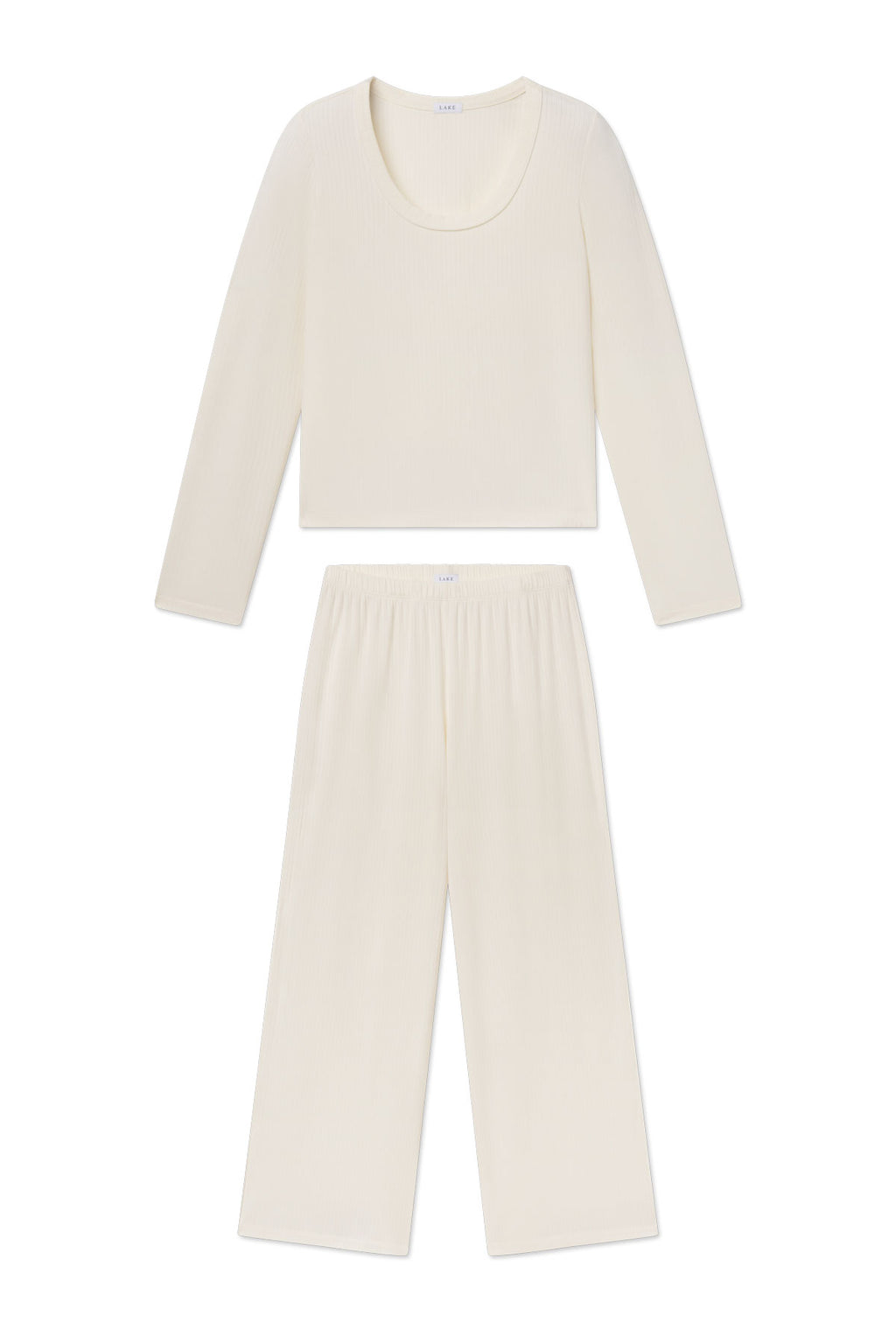 Ivory long-sleeve scoop neck top and wide-leg pants set in ribbed fabric.