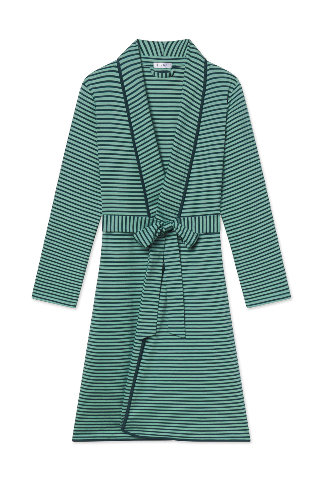 Dark sea and light green striped robe with long sleeves, collar, and tie waist belt.