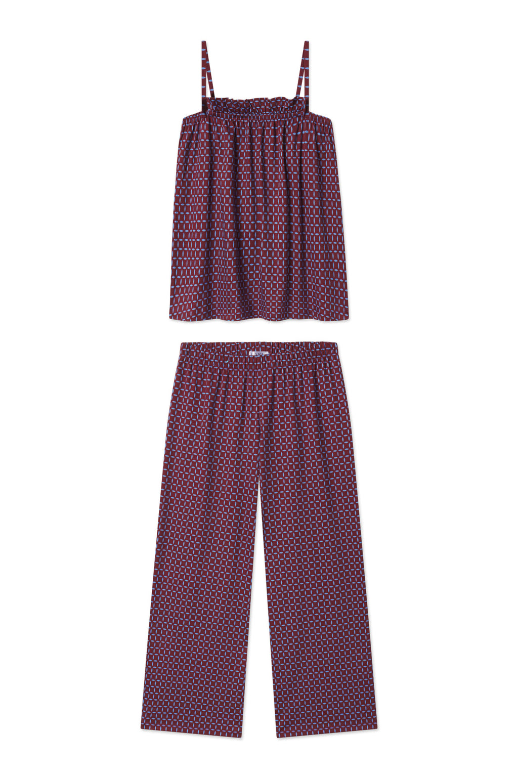 Burgundy and navy geometric patterned two-piece set with ruched sleeveless top and wide-leg pants.