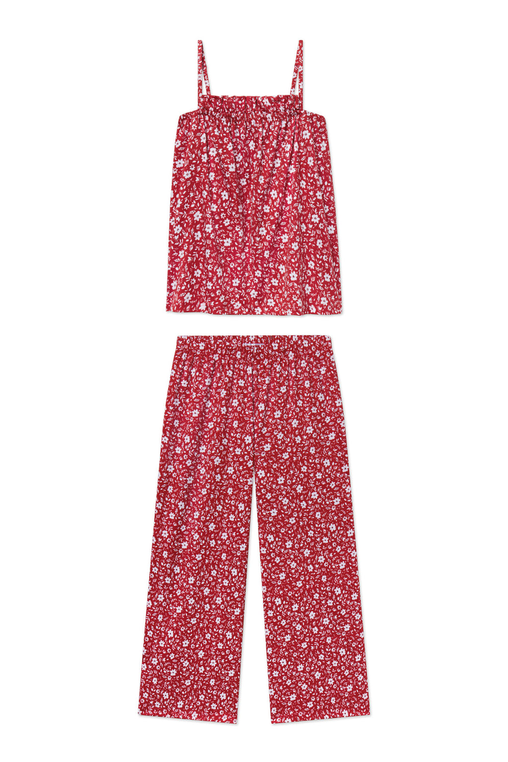 Garnet sleeveless tank top and wide-leg pants with white floral print, both featuring ruffle details.