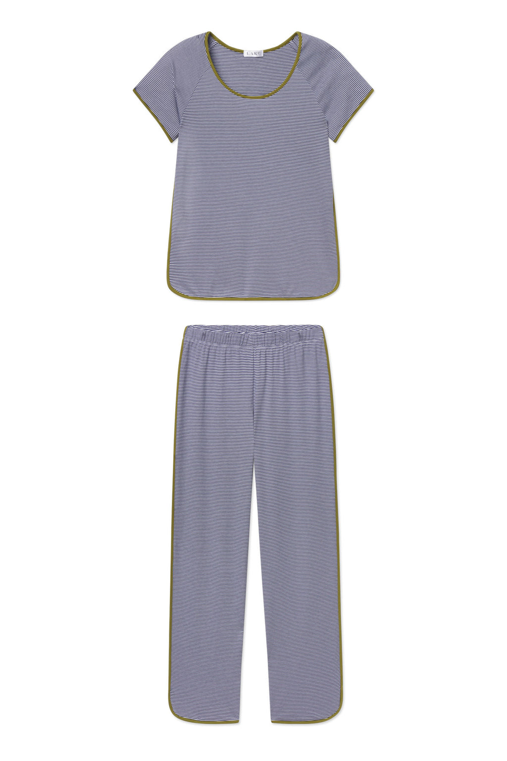 Navy and white mini striped short-sleeve top and long pants set with olive trim.