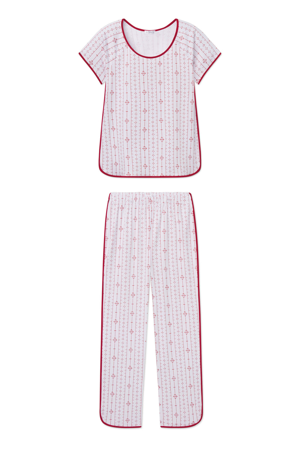 White short-sleeve top and long pants with red stripe pattern and red binding trim throughout.