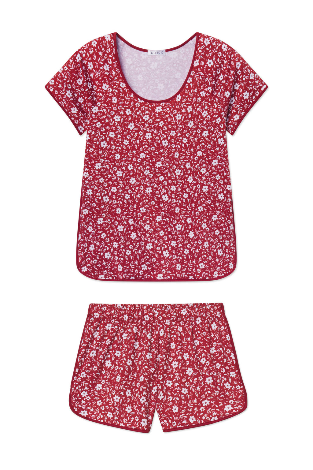 Garnet Pima cotton shorts set with small white floral print throughout, short sleeves and rounded neckline.