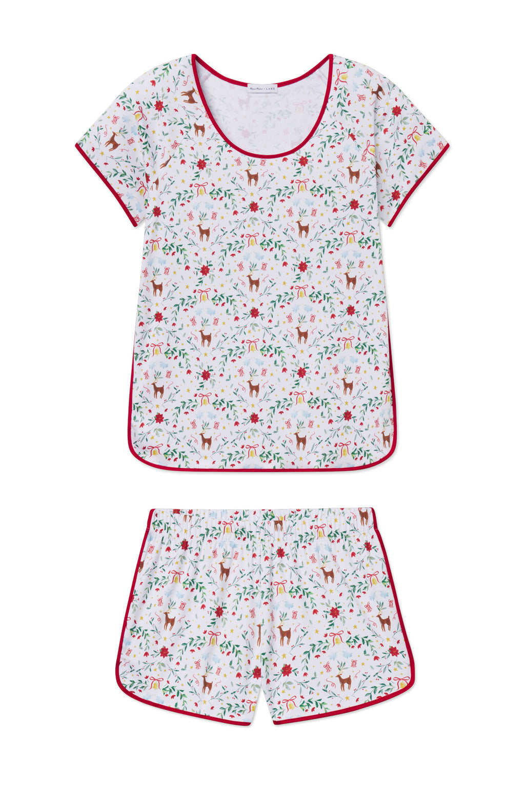 Two-piece Pima cotton set with short-sleeve top and shorts in cream with festive print and burgundy trim.