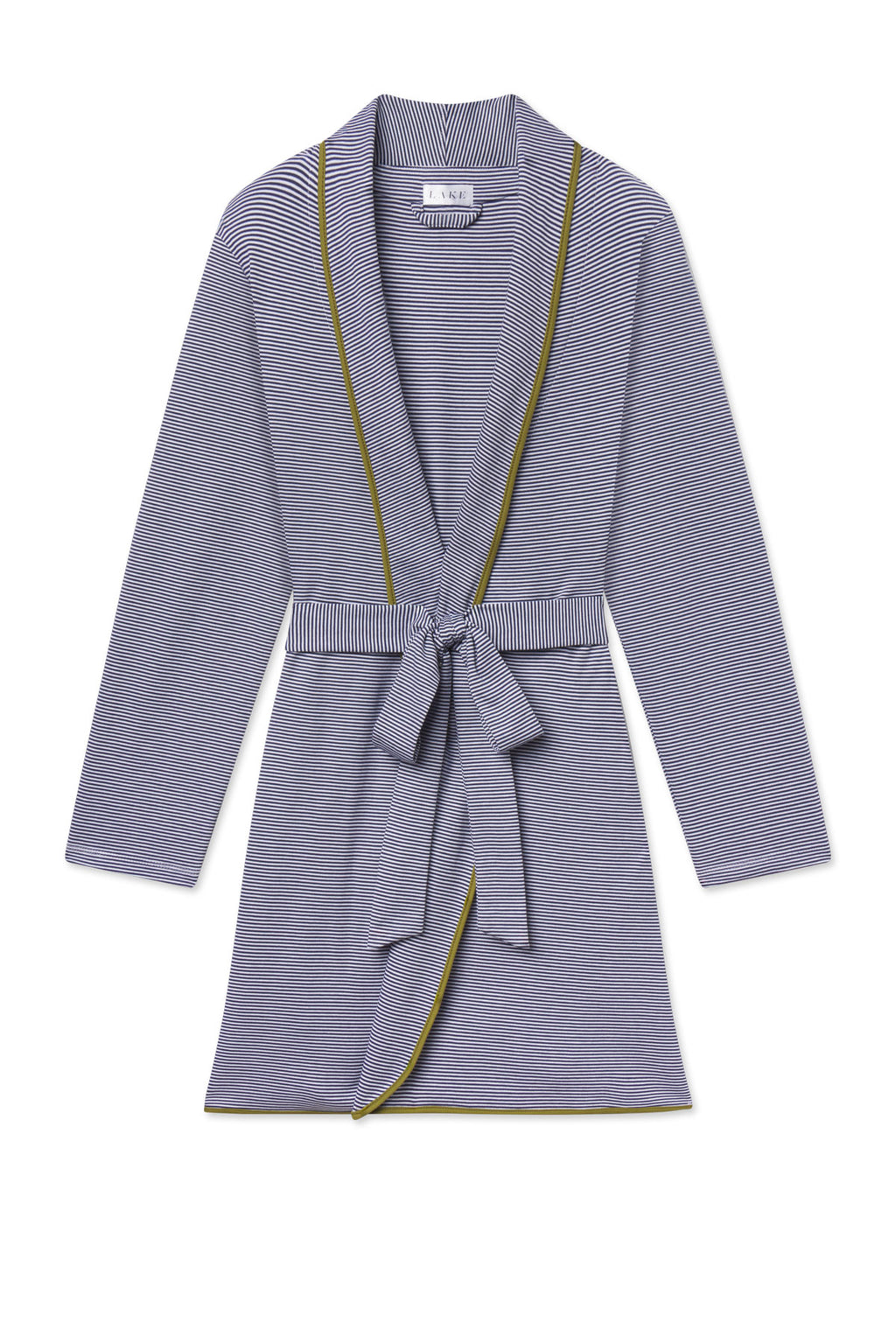 Navy and white striped short robe with long sleeves, tie belt, and olive piping trim.