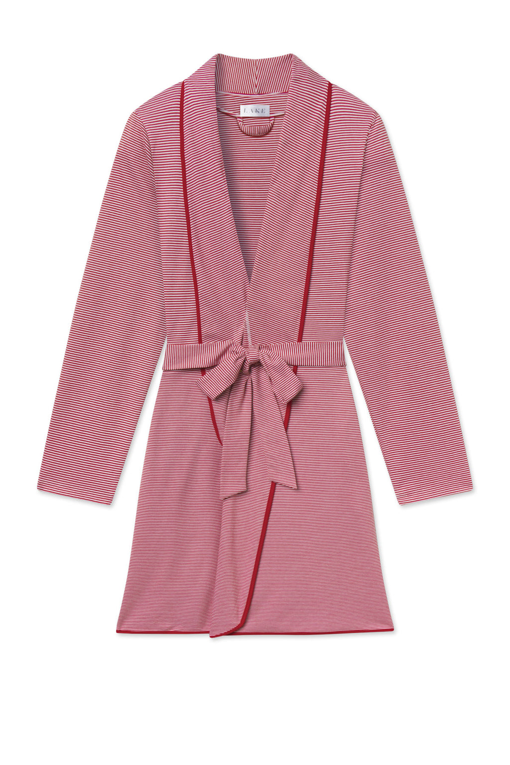 Garnet and white striped short robe with long sleeves, open front, and tied waist belt.