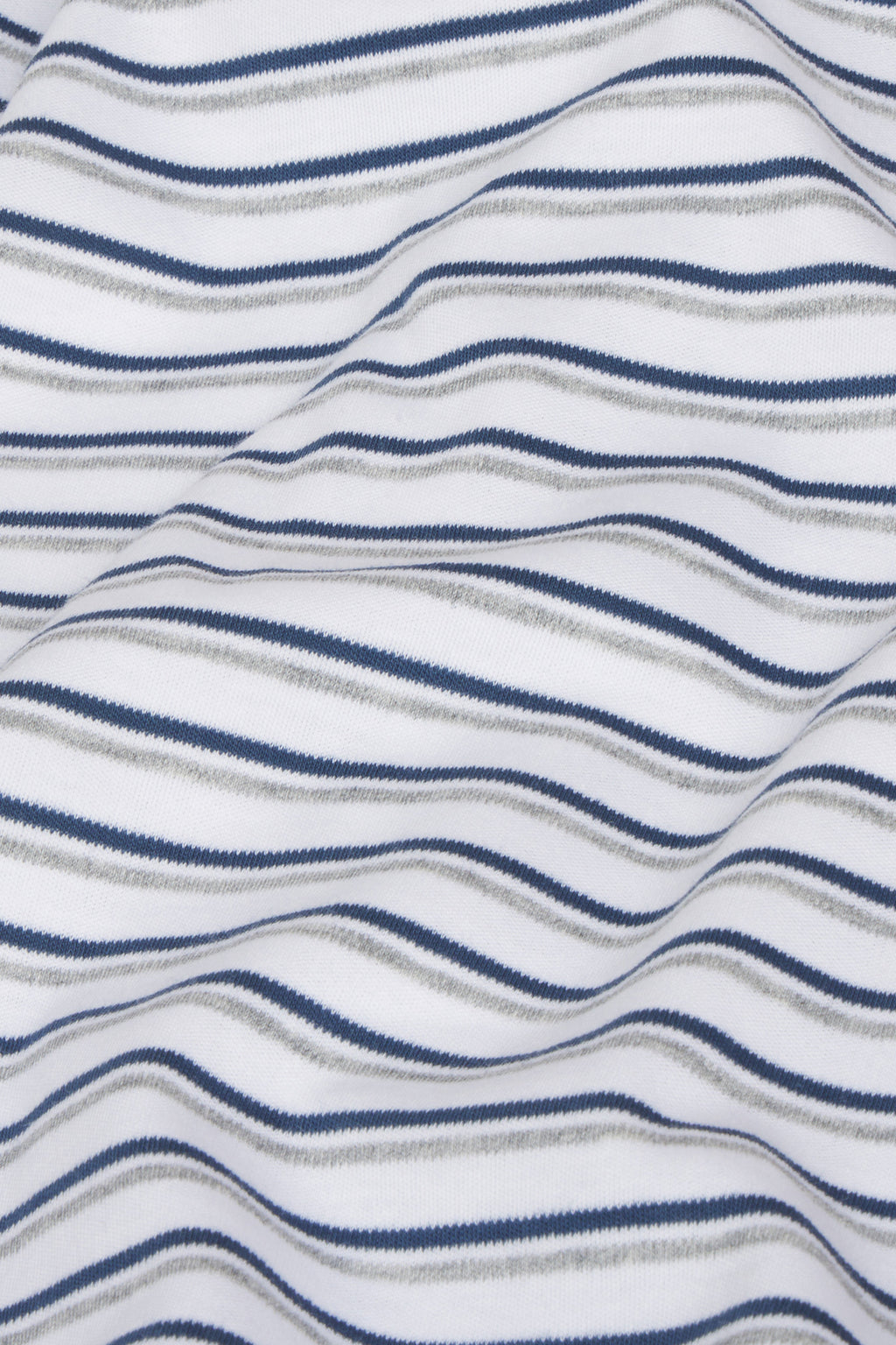 A close-up of the Mens Pima Sleep Bundle in Graphite Helm Stripe, showcasing horizontal navy blue and light gray stripes on soft 100% Pima cotton with gentle folds and a smooth texture.