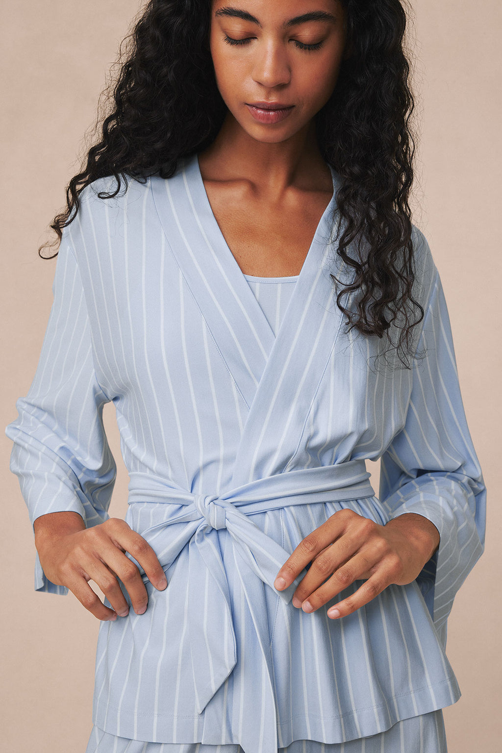 DreamModal® Kimono Shorts Three-Piece Set in Fog Vertical Stripe - Main Image 1