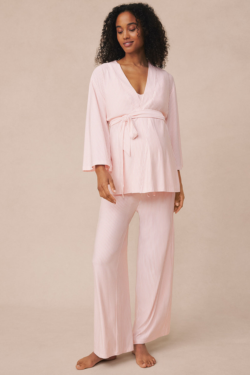 Maternity DreamModal® Kimono Three-Piece Set in English Rose Pencil Stripe - Main Image 1