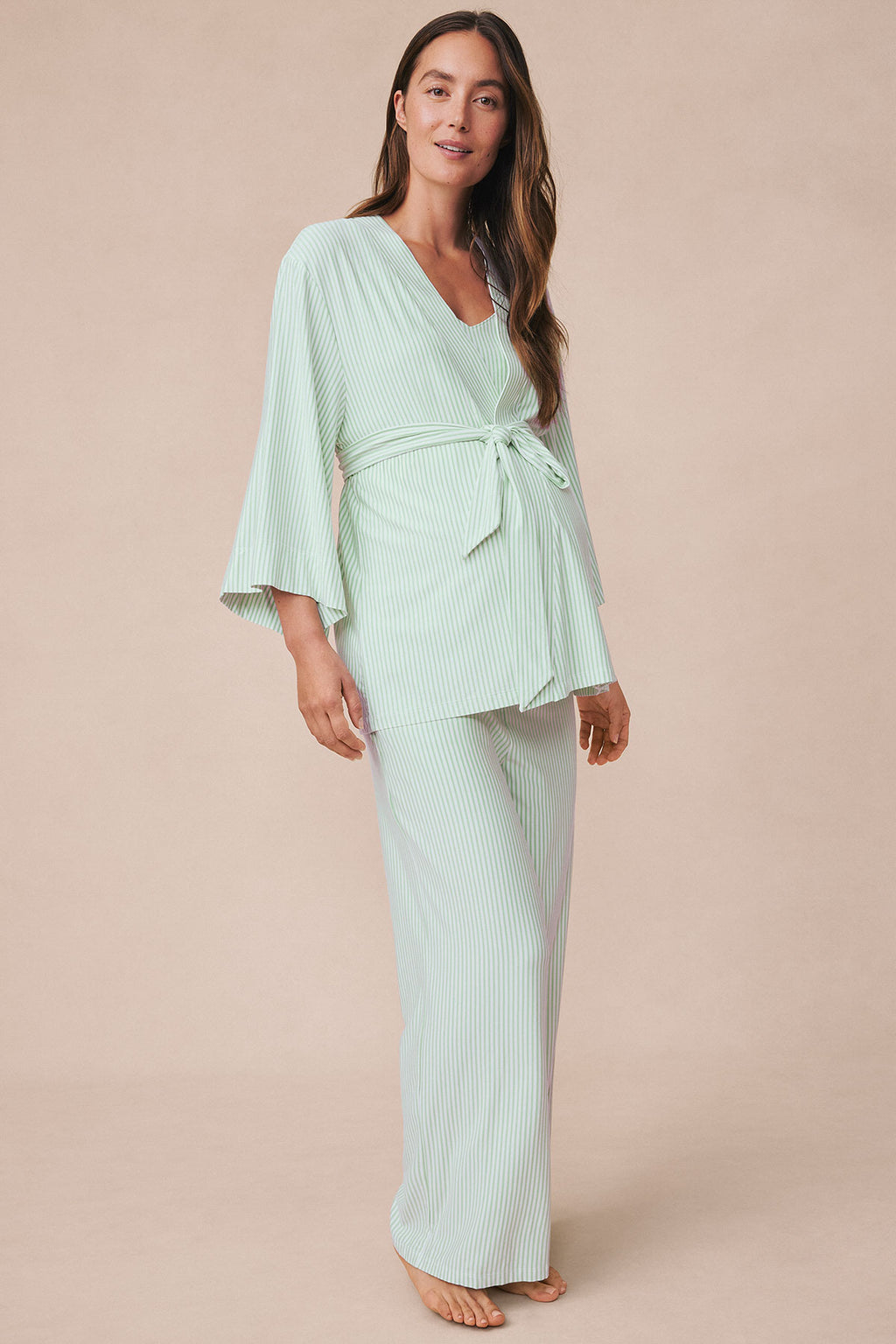 Maternity DreamModal® Kimono Three-Piece Set in Parisian Green Pencil Stripe - Main Image 1