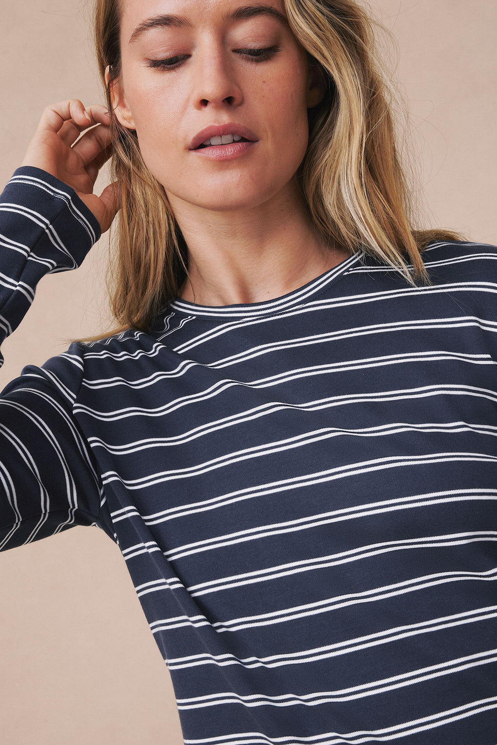 Pima Crew Long Sleeve Three-Piece Set in English Navy Tidal Stripe - Main Image 1