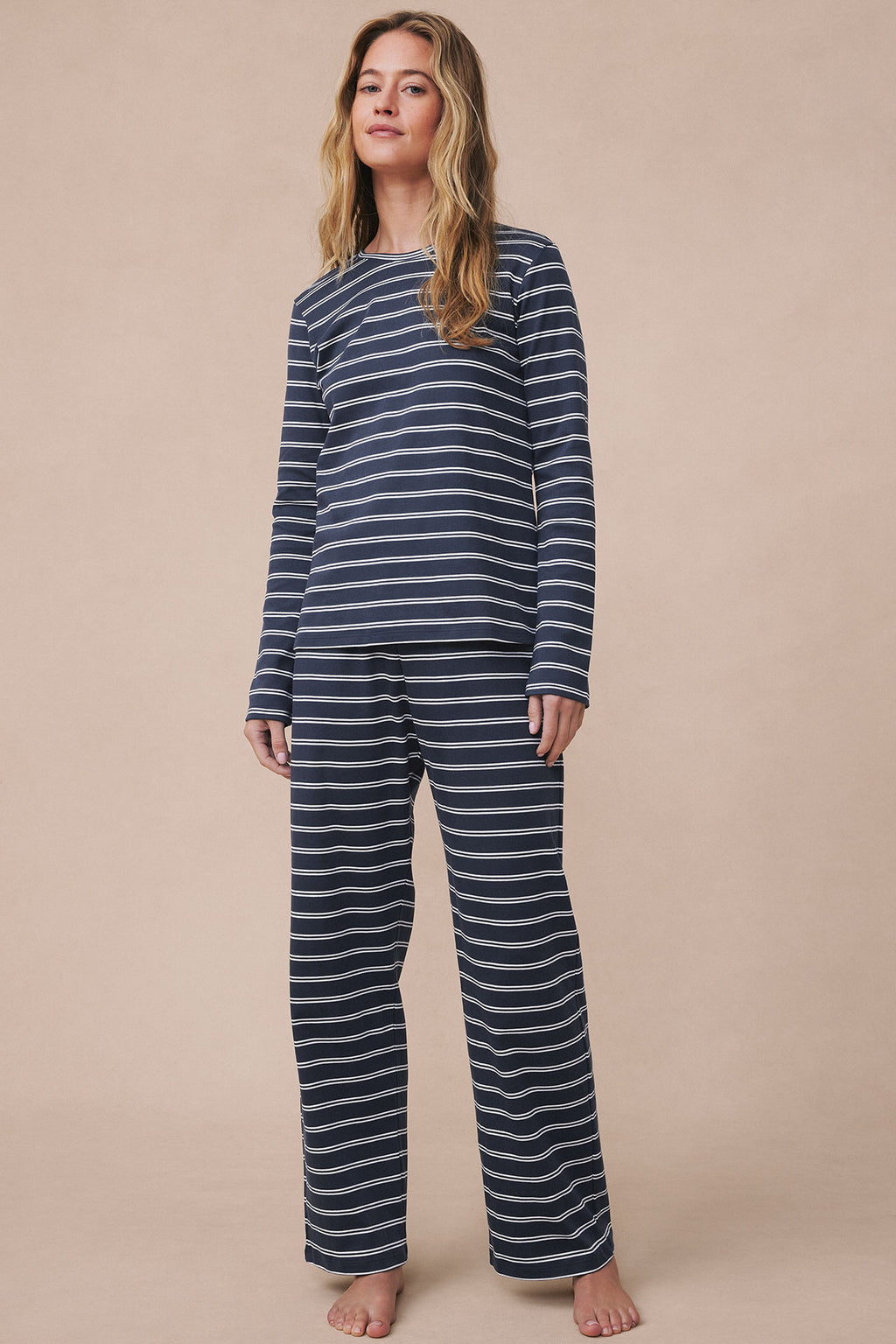 Pima Crew Long Sleeve Three-Piece Set in English Navy Tidal Stripe - Main Image 2