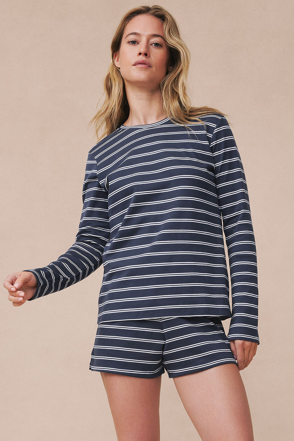 Pima Crew Long Sleeve Three-Piece Set in English Navy Tidal Stripe - Main Image 3
