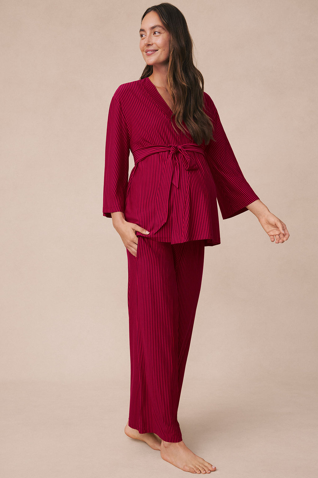 Burgundy ribbed kimono robe and matching pants set with tie waist, worn by pregnant woman.
