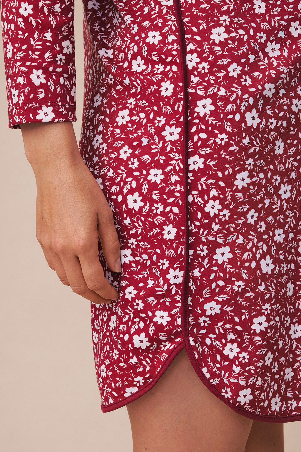 Garnet nightgown with white floral and leaf print, long sleeves, button front, shown on model.