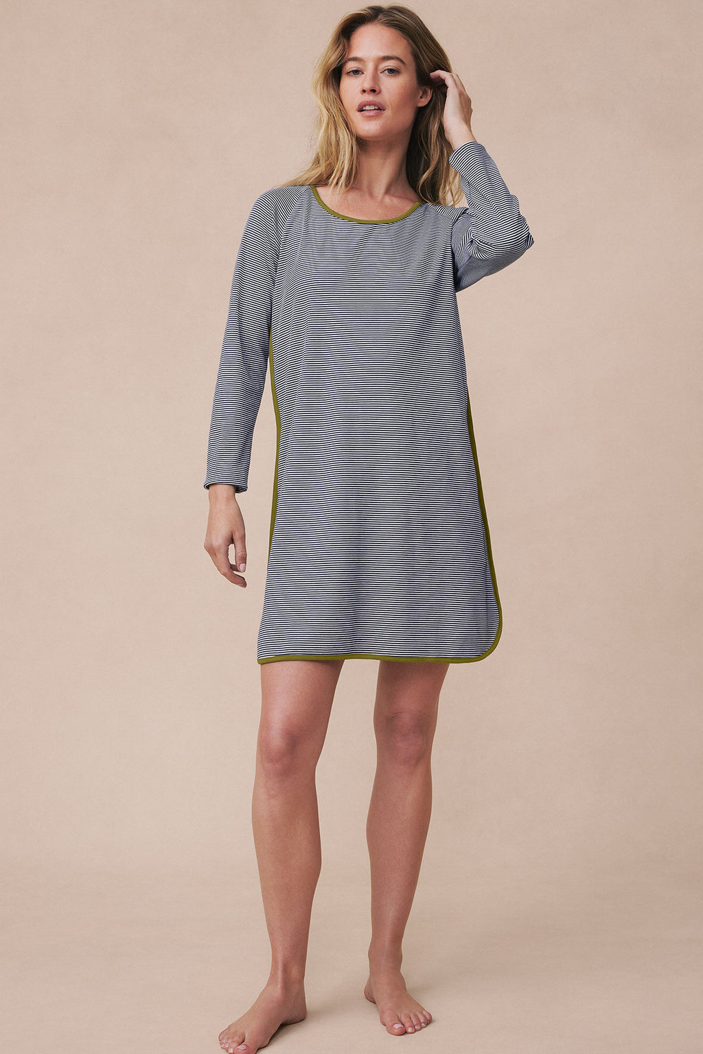Navy and white striped long-sleeve nightgown with yellow trim, knee-length cut.