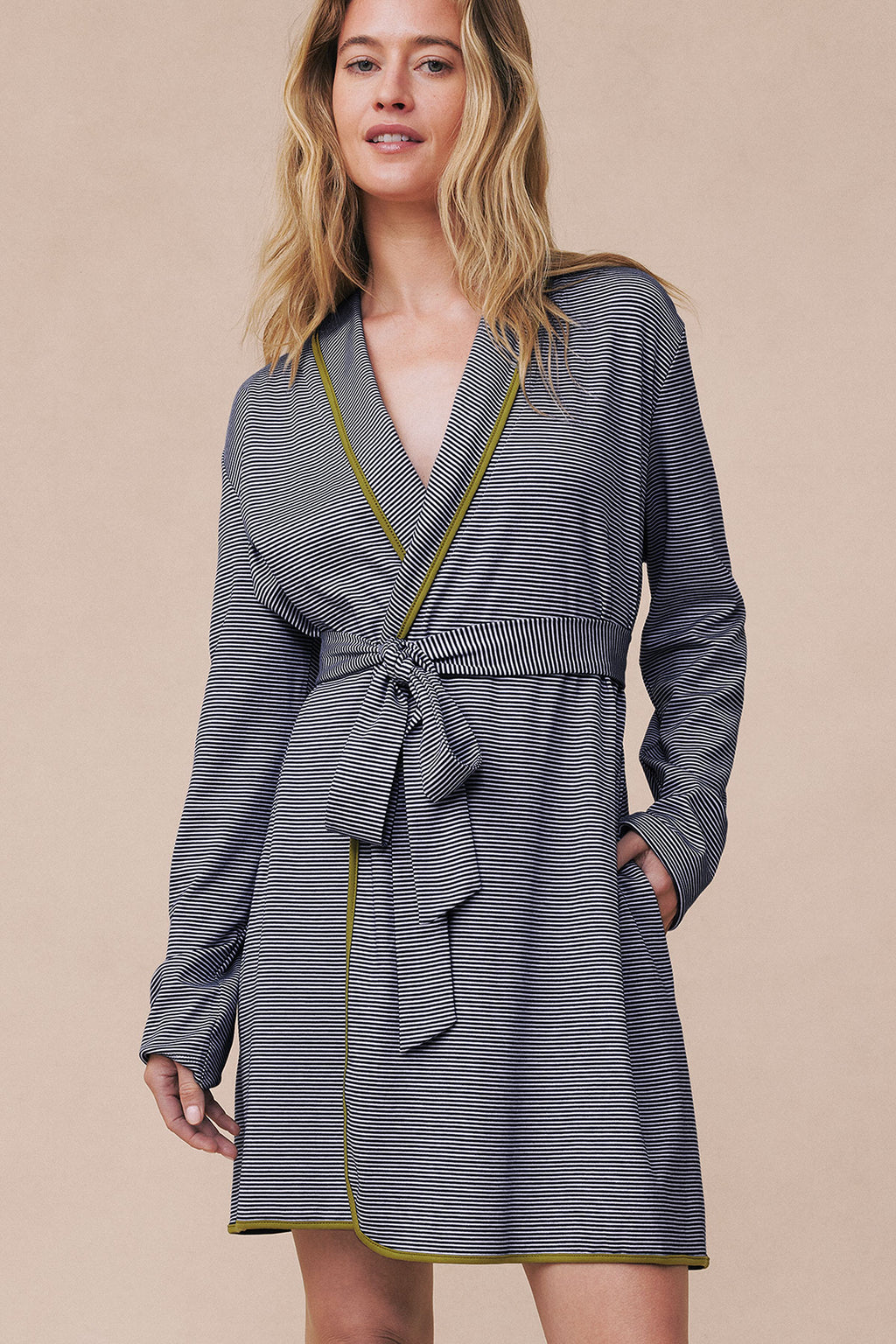 Navy and white striped short robe with olive trim, wrap front closure, and tie waist belt.