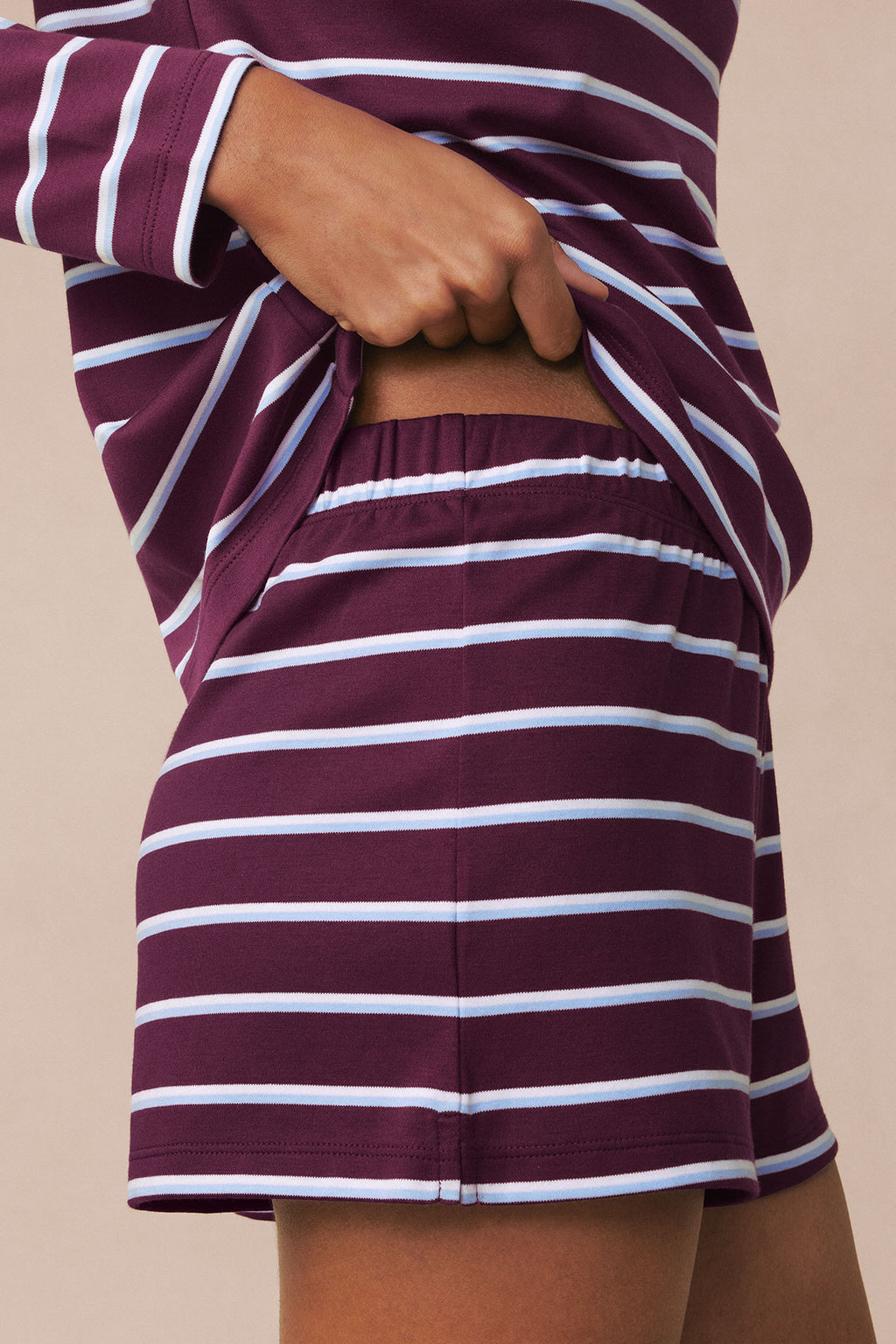 Burgundy and white striped long-sleeve crew top and shorts set in Pima cotton.