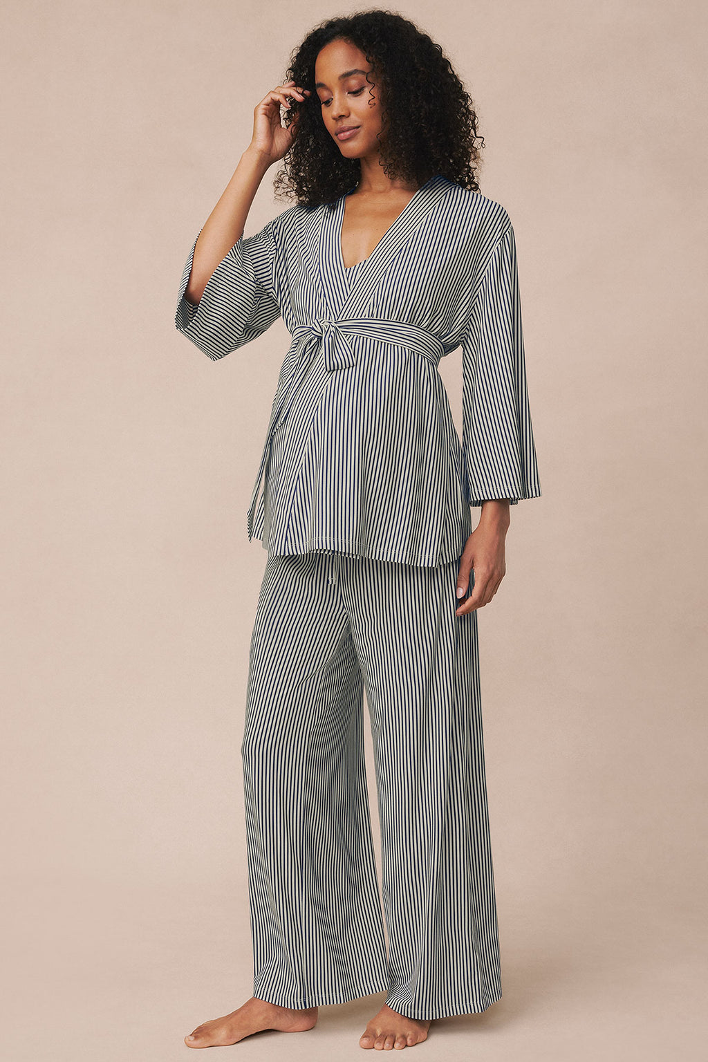 Maternity DreamModal® Kimono Three-Piece Set in Blue Depths Pencil Stripe - Main Image 1