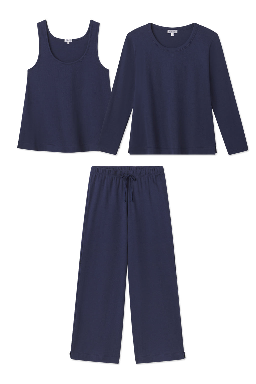 The Pointelle Pants Bundle in English Navy includes a sleeveless tank, long-sleeve top, and wide-leg pants with an elastic waistband and drawstring, all made from soft Pima cotton. Pieces are shown laid flat on a white background.