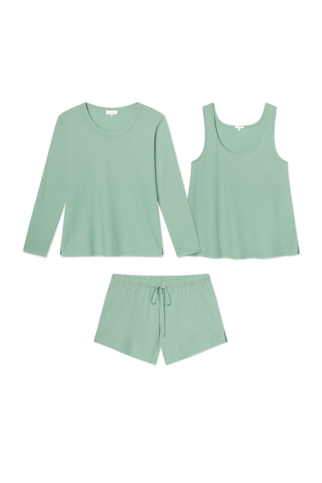 Pointelle Shorts Bundle in Parisian Green Solid, featuring a long-sleeve top, sleeveless tank top, and Pointelle Shorts in soft Pima Cotton, all displayed flat on a white background.