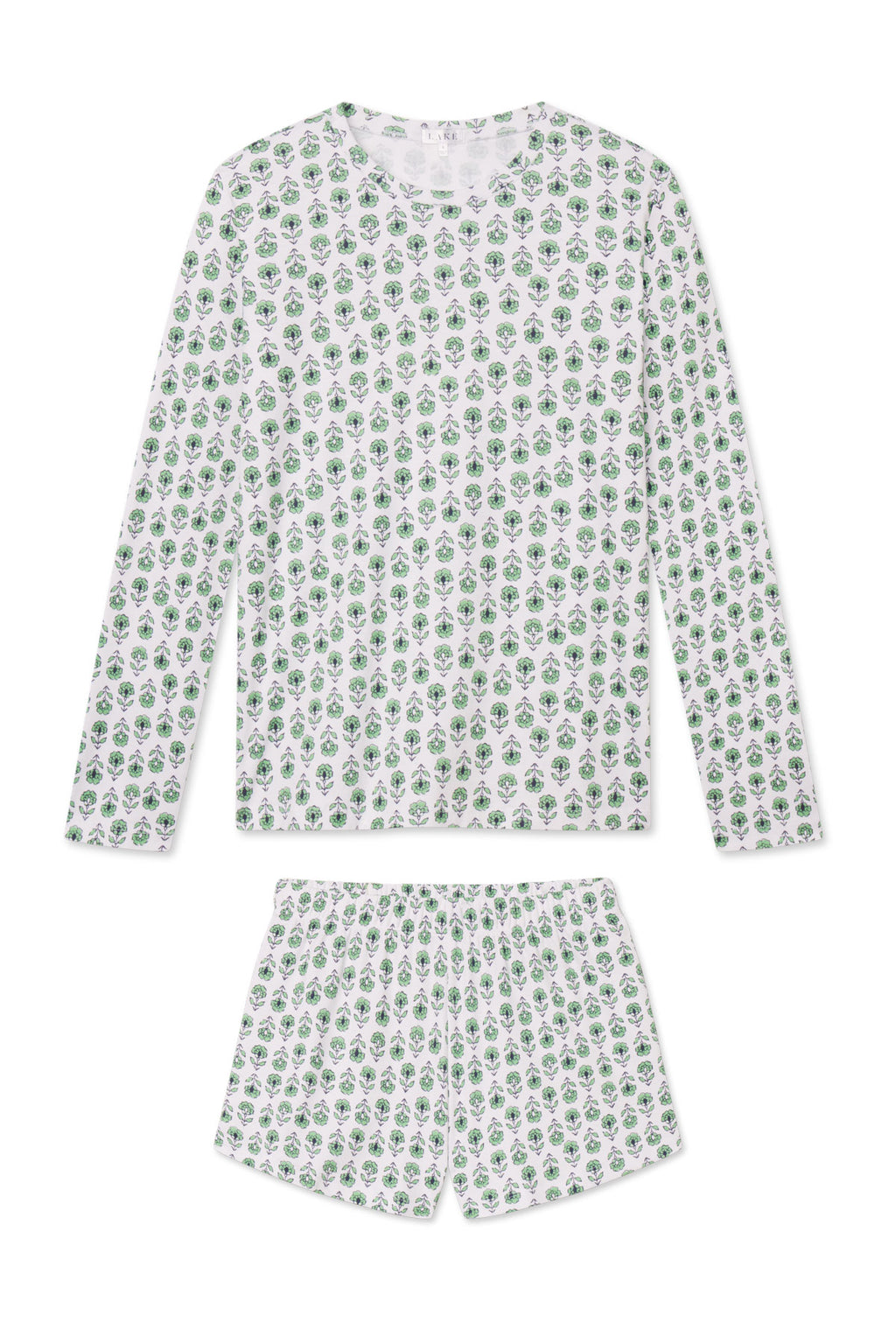 The Pima Crew Long-Short Set in Field Green Sprig features a white long-sleeve crewneck top and matching shorts with an all-over green floral and leafy print, crafted from soft Pima Cotton for extra comfort. Laid flat on a white background.