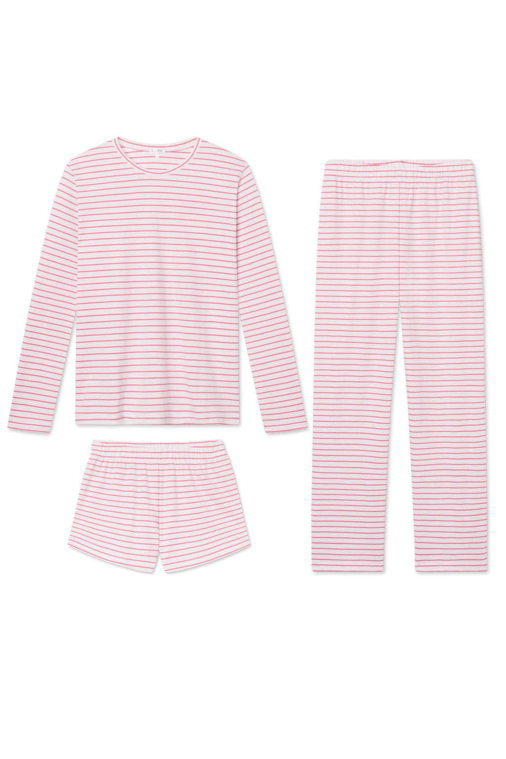 The Pima Crew Long Sleeve Bundle in Winterberry Rowing Stripe features a three-piece pink and white striped pajama set with a crew neck top, high-waisted elastic pants, and matching shorts, all crafted from soft Pima cotton. Laid flat on a white background.