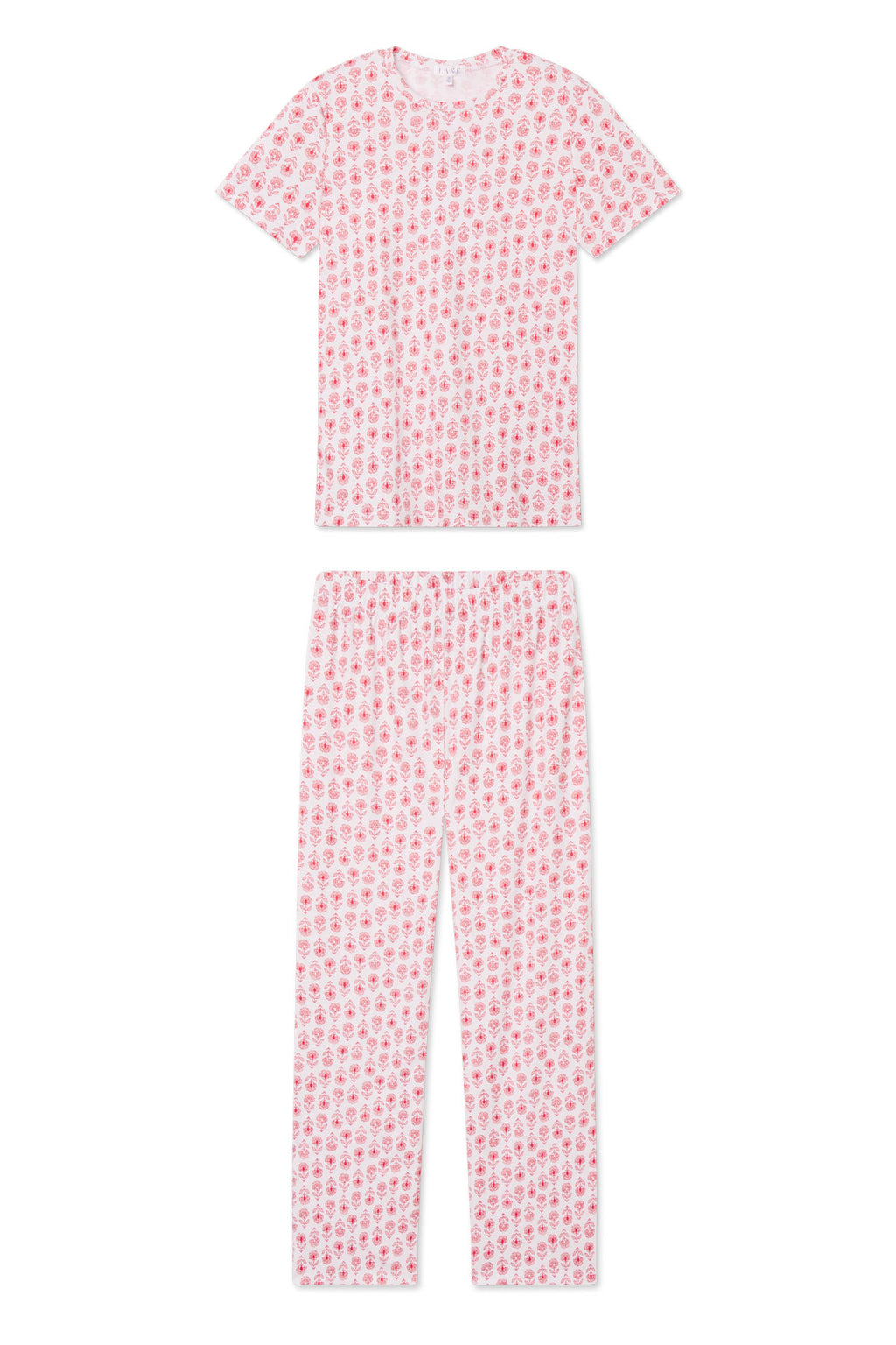 The Pima Crew Short-Long Set in Rosewater Sprig features a soft white Pima cotton pajama set with a block print floral pattern, including a short-sleeve top and high-waisted pants. Set shown laid flat on a white background.