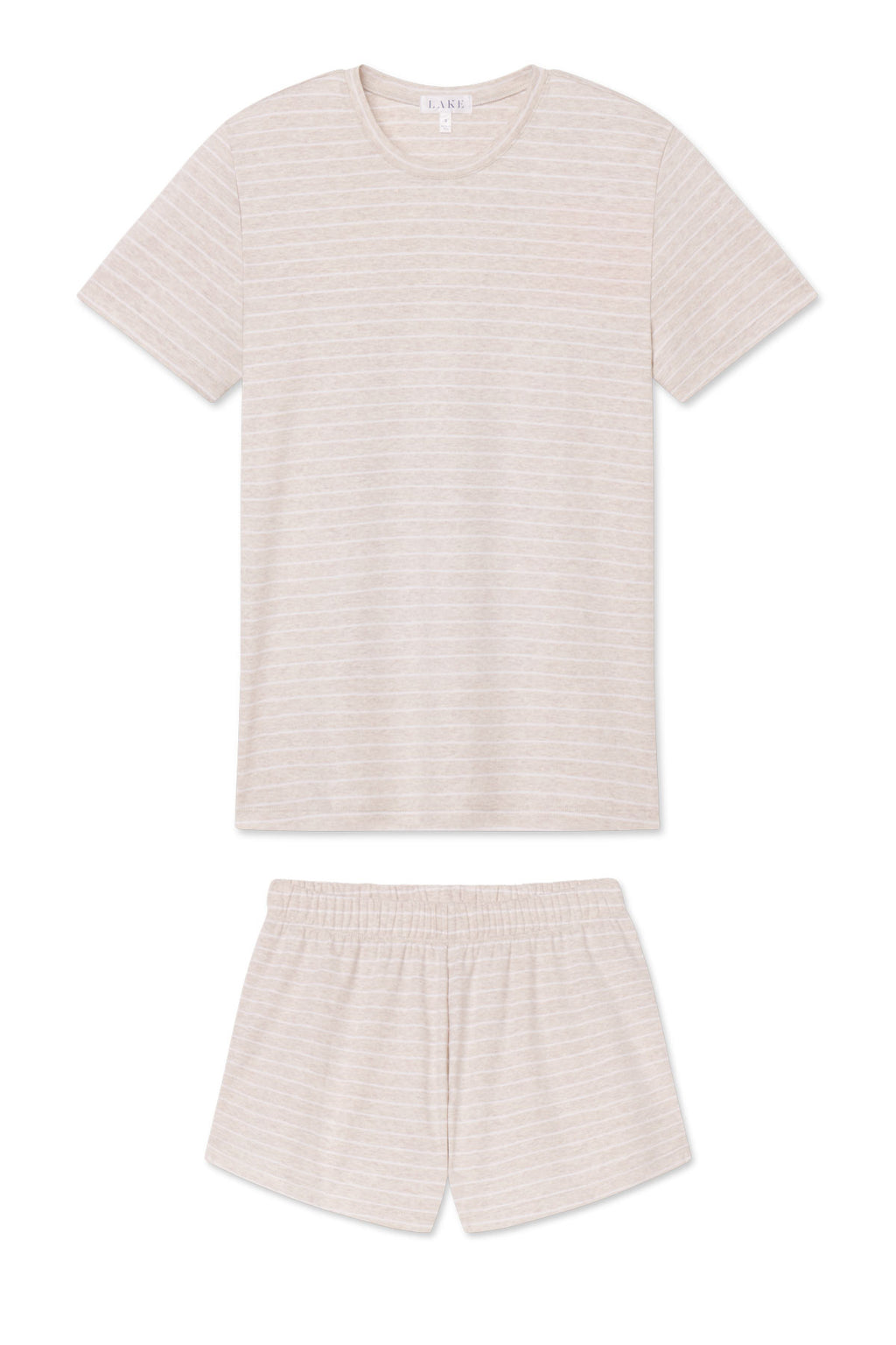 The Pima Crew Shorts Set in Oat Heather Rowing Stripe features soft Pima cotton, with a short-sleeve beige and white striped T-shirt and elastic waistband crew shorts, laid flat on a white background.