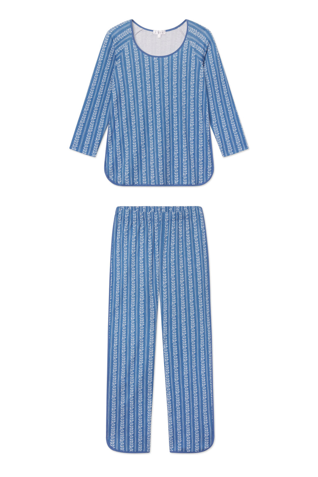 The Pima Long-Long Set in Seaport Jasmine Vine is a two-piece pajama set made from soft Pima Cotton, featuring a long-sleeve top with rounded neckline and matching loose-fitting pants in a blue and white striped pattern.