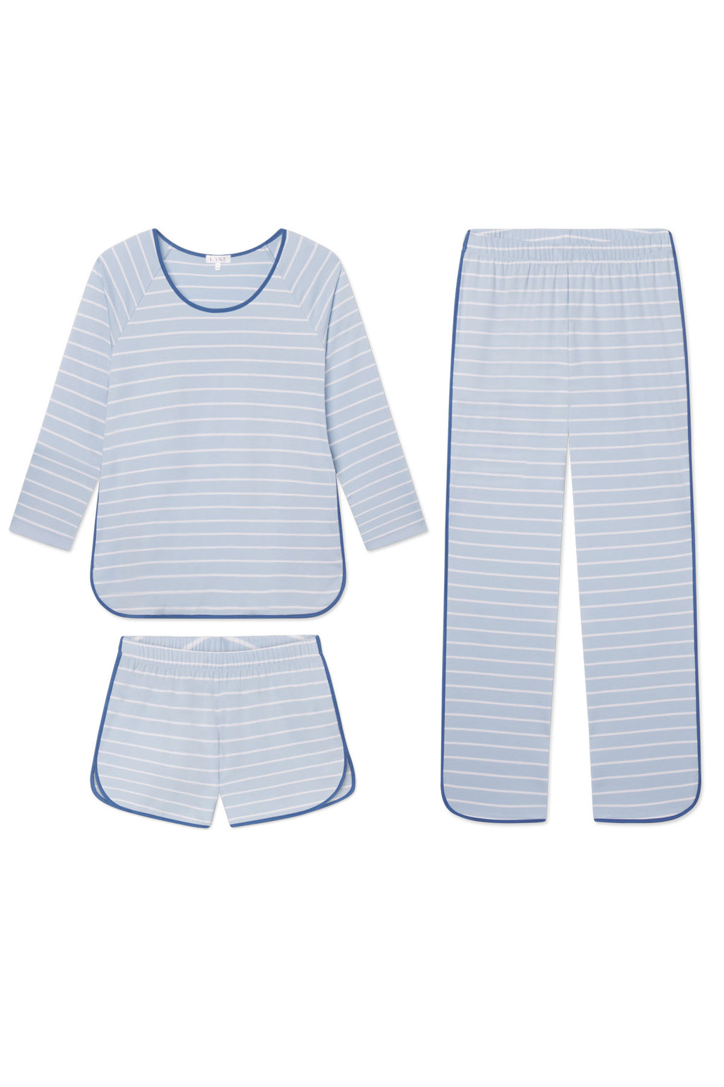 The Pima Long Sleeve Bundle in French Blue Club Stripe includes a soft Pima cotton long-sleeve top, elastic-waist pants, and matching shorts, all finished with coordinating blue trim.