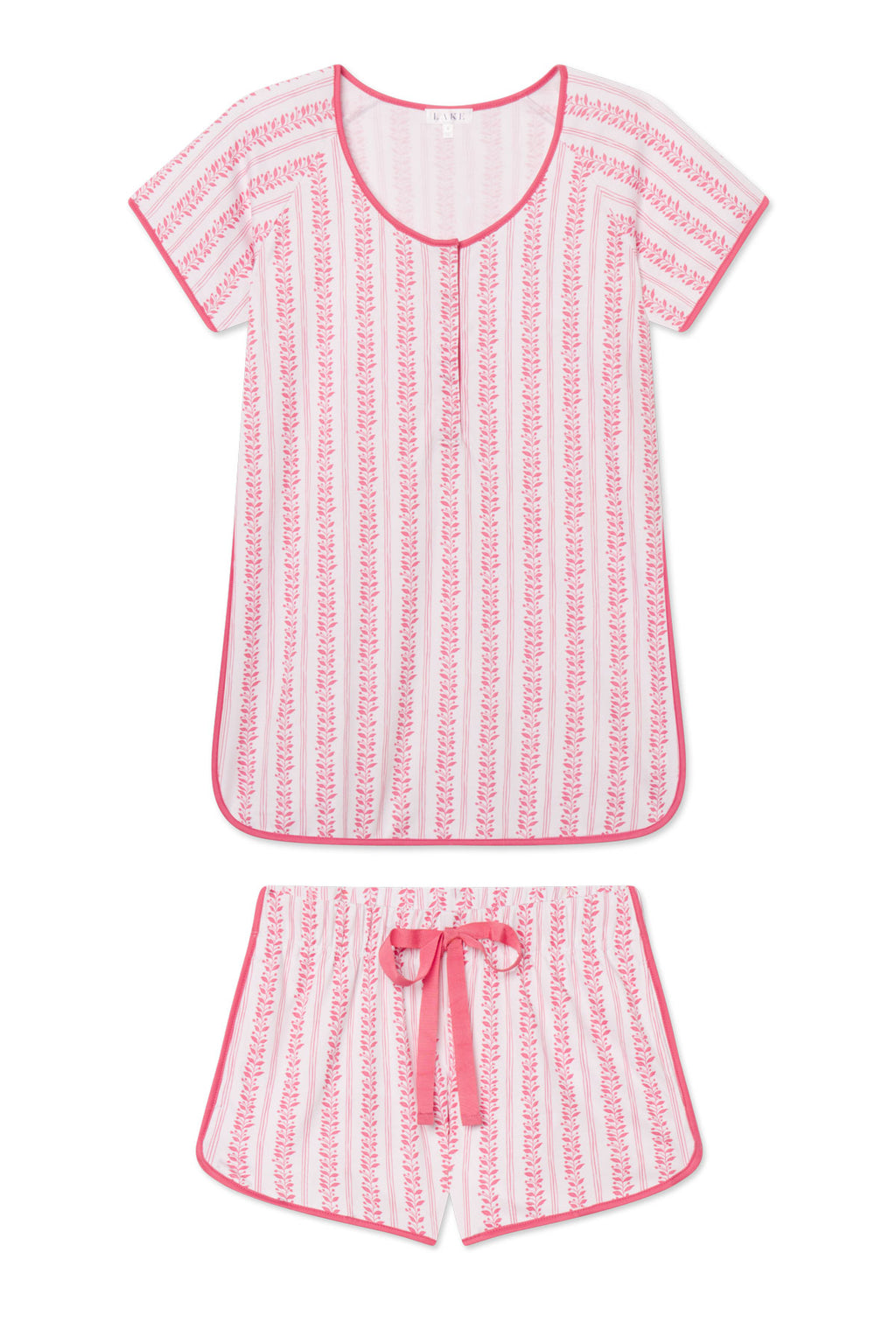 Pima Maternity Shorts Set in Winterberry Jasmine Vine features a short-sleeve scoop-neck top and drawstring-waist shorts with pink edging, crafted from soft Pima cotton in a pink and white striped floral pattern.