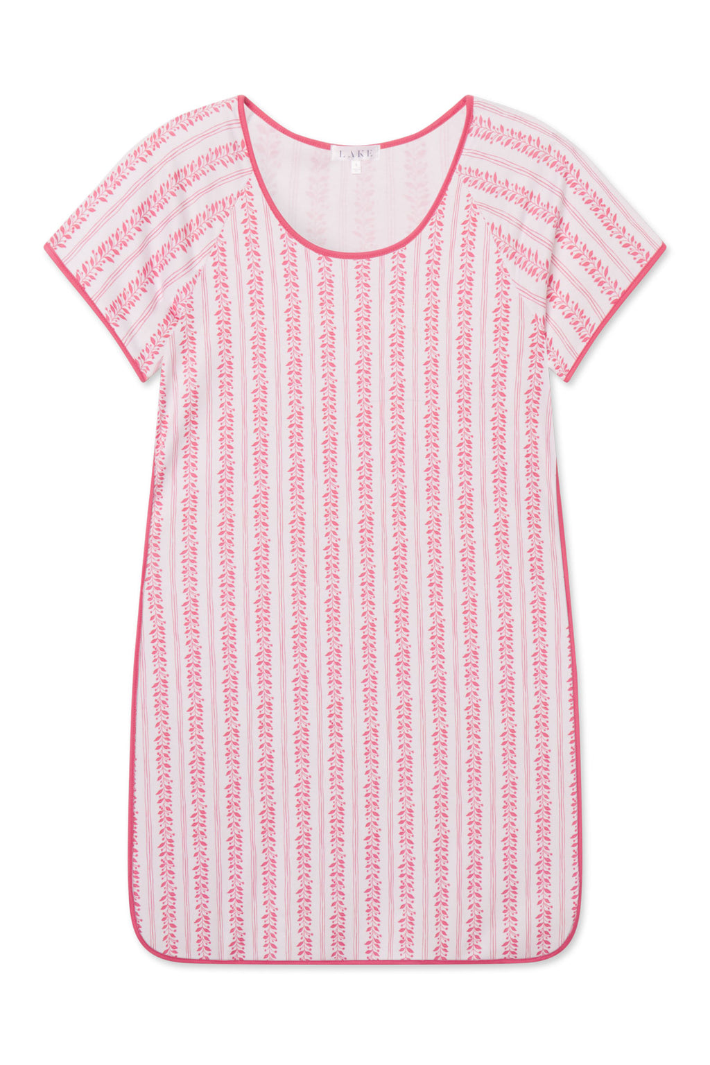 The Pima Nightgown in Winterberry Jasmine Vine features short sleeves, white Pima cotton with pink floral stripes, and pink trim at the sleeves, neckline, and hem for soft comfort inspired by Winterberry Jasmine Vine.