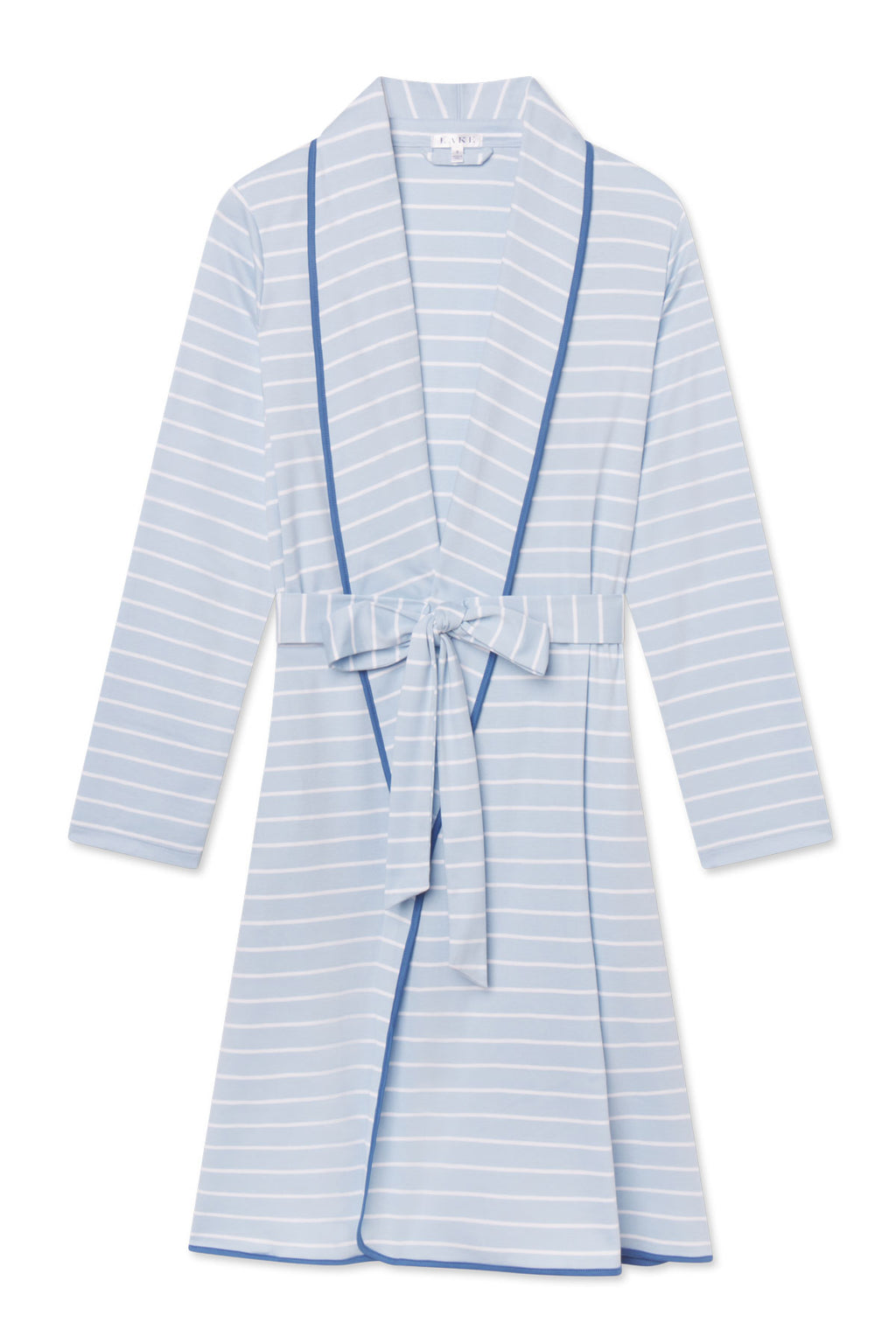 The Pima Robe in French Blue Club Stripe features white horizontal stripes, long sleeves, a shawl collar with dark blue piping, and a matching waist belt. This elegant robe is designed for comfort.