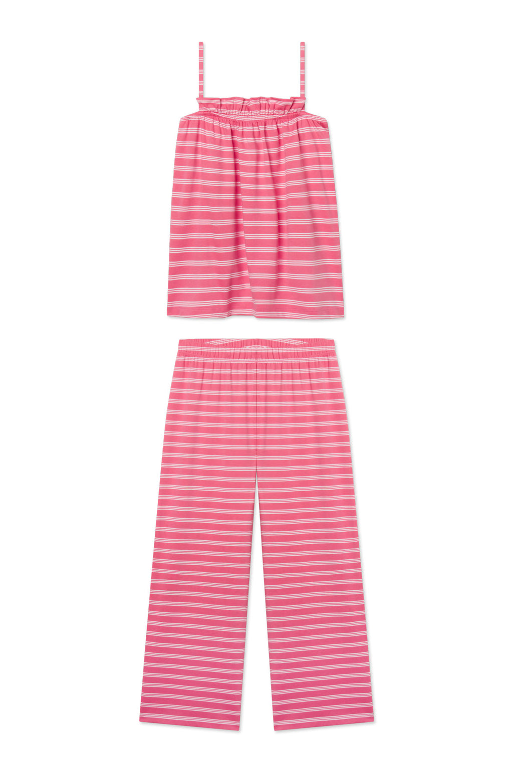 The Pima Ruffle Pants Set in Winterberry Triple Stripe features a light pink and white two-piece pajama set with a sleeveless, spaghetti-strap top and loose, wide-leg elastic-waist pants.