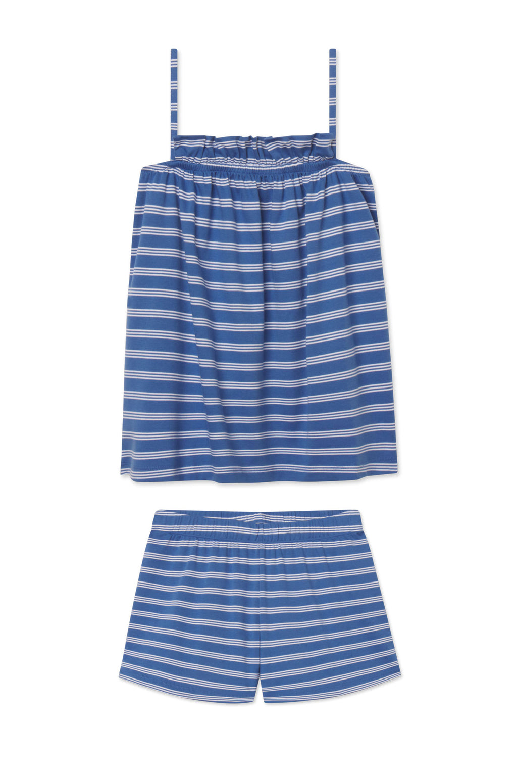 Pima Ruffle Shorts Set in Seaport Triple Stripe, featuring a blue and white sleeveless spaghetti-strap top and matching elastic-waist ruffle shorts, both displayed flat on a white background.