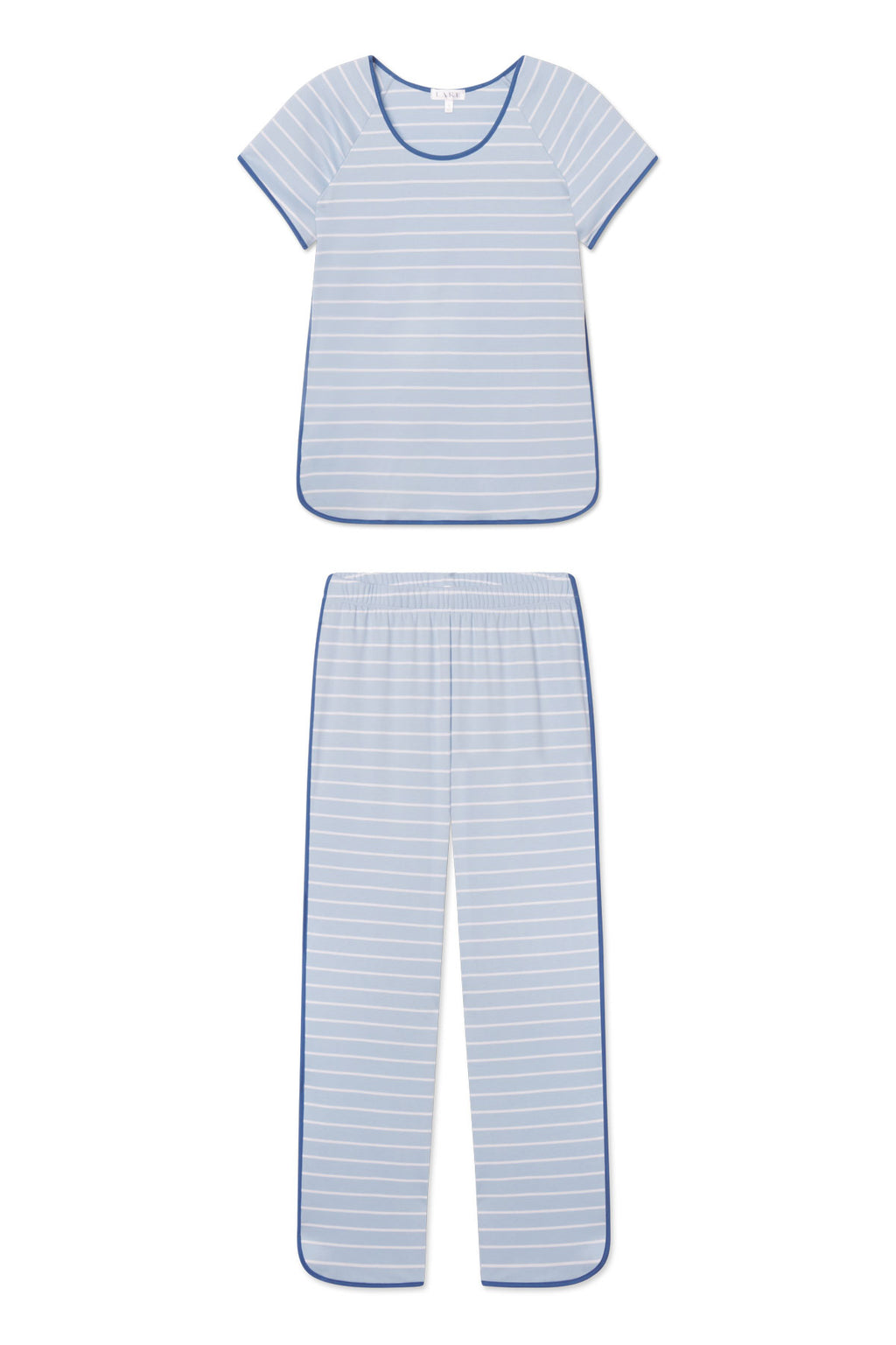 The Pima Short-Long Set in French Blue Club Stripe is a two-piece pajama set with a short-sleeve top and long pants, crafted from soft Pima cotton in light blue with white stripes, blue trim, and an elastic waistband for comfort.