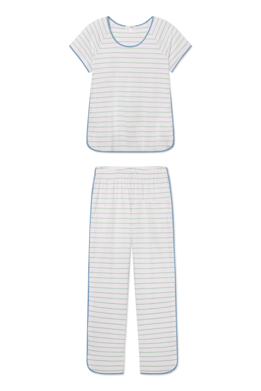 The Pima Short-Long Set in Parisian Green Club Stripe includes a short-sleeve white top and matching pants with thin green stripes and trim. This breathable pajama set is shown flat on a white background.