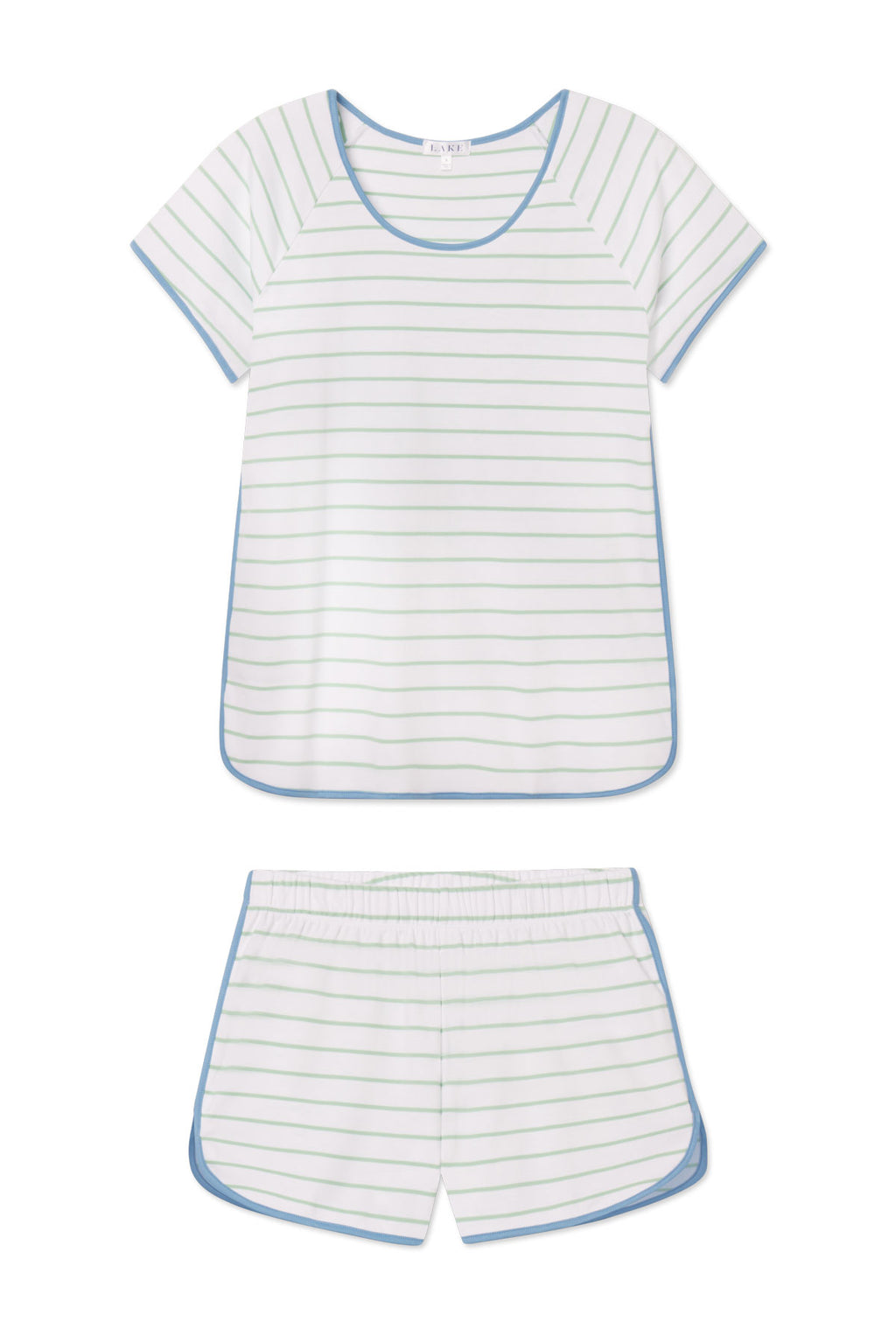 The Pima Shorts Set in Parisian Green Club Stripe features a white, short-sleeve top and shorts with green stripes and blue trim. Made from soft Pima cotton, this pajama set ensures breathable comfort for restful sleep.