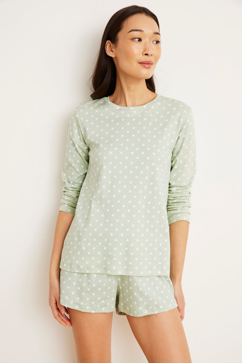 Pima Crew Long-Short Set in Aloe Dot - Main Image 5