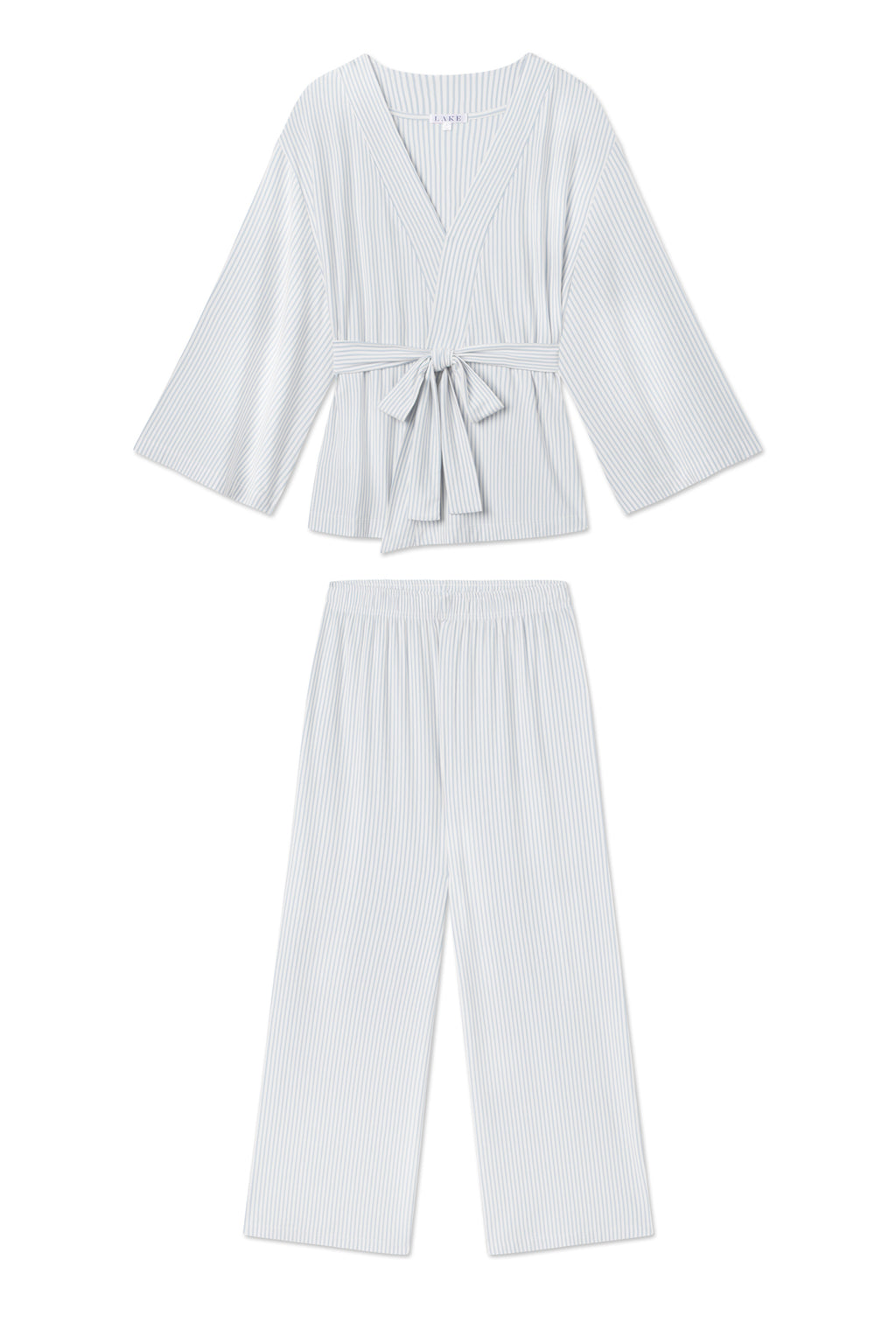The DreamModal Kimono Pajama Set in Fog features a nursing-friendly long-sleeve wrap top with waist tie and matching wide-leg pants, both in light blue and white modal fabric for a soft, lightweight feel.
