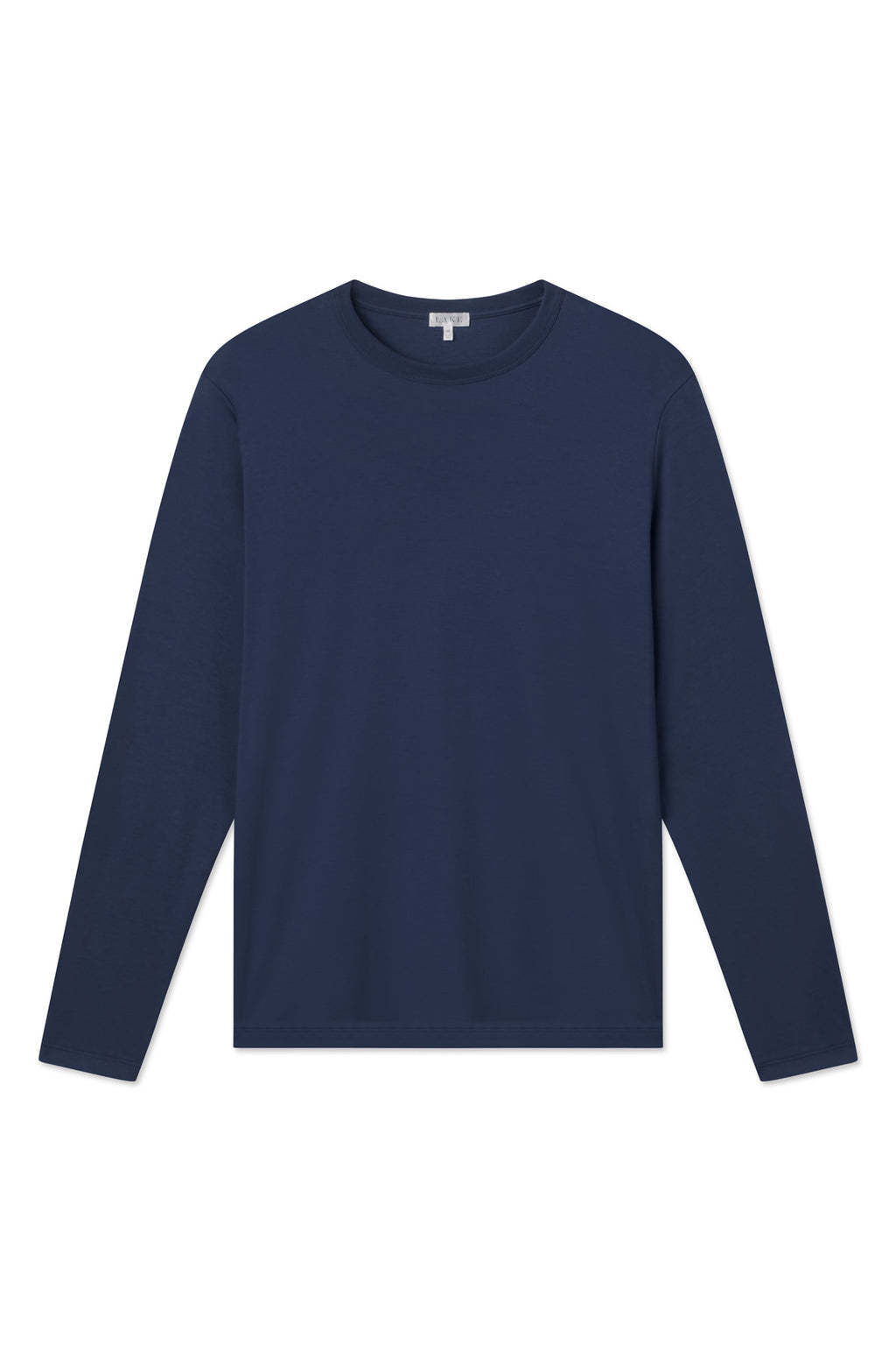 A Mens Pima Crewneck Long Sleeve Tee in Navy, made from 100% Peruvian cotton, is laid flat on a white background.