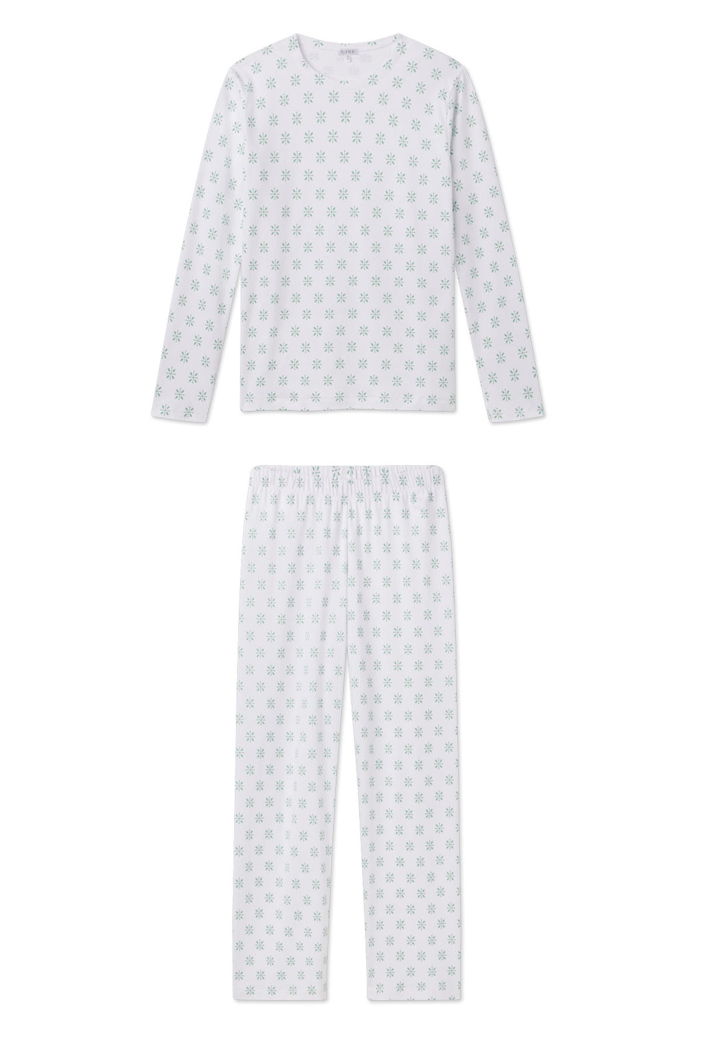 The Pima Crew Long-Long Set in Boxwood Moroccan Blockprint features a soft Pima cotton pajama set with a crewneck top and high-waisted pants, laid flat on a white background.