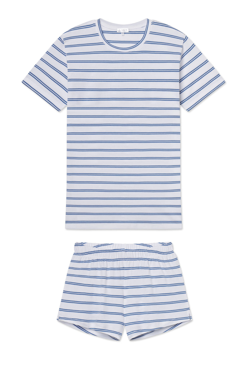 The Pima Crew Shorts Set in Seaport Tidal Stripe features a short-sleeve tee and elastic-waist shorts, both in soft Pima cotton with white and blue horizontal stripes.