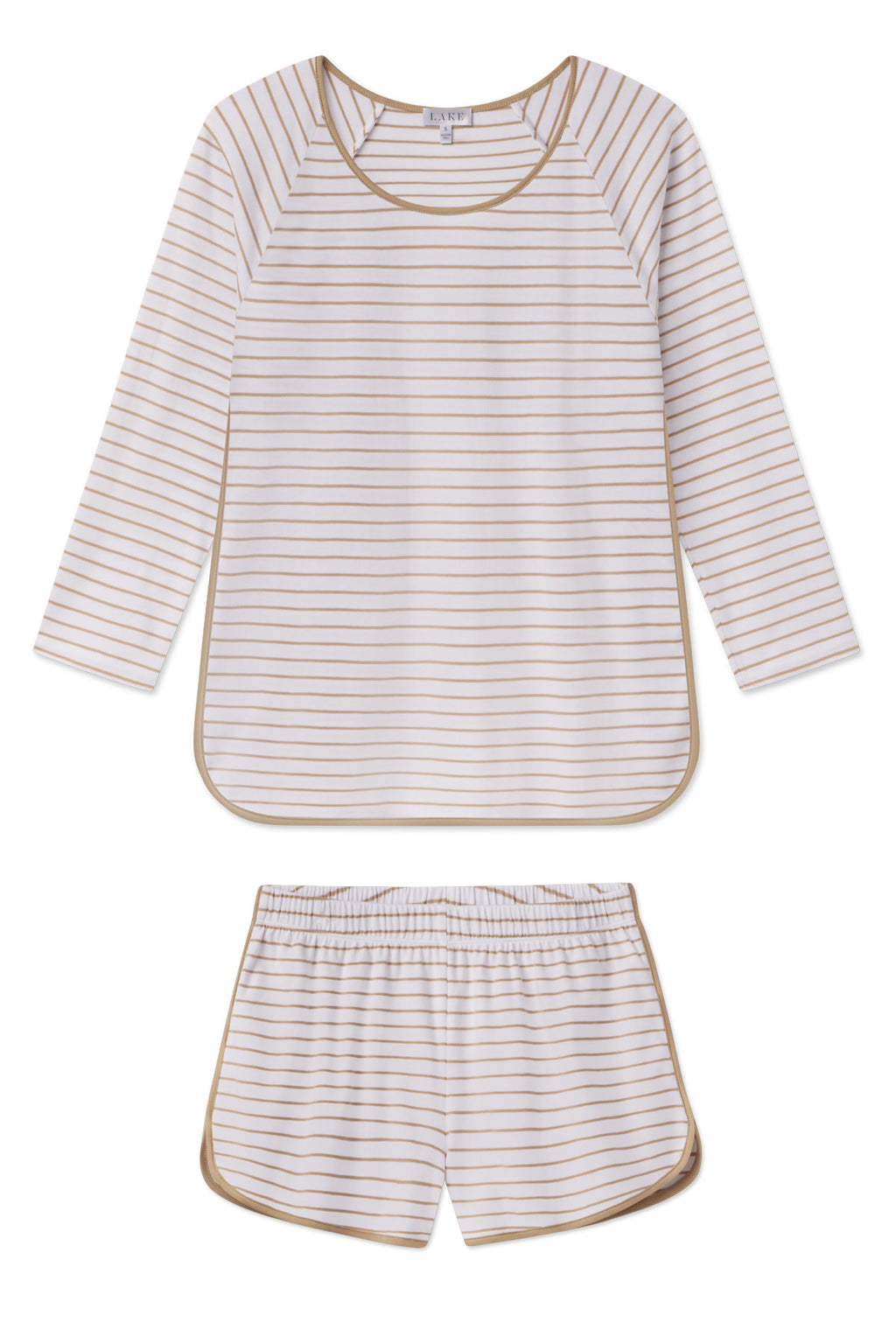 The Pima Long-Short Set in Sandstone Rowing Stripe features a soft Pima cotton white top with thin sandstone stripes and tan trim, paired with matching white shorts accented with tan.